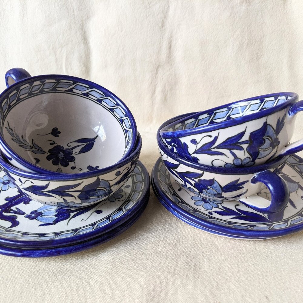 Ikaros Pottery Rhodes Greece Mediterranean Ceramic Teacup & Saucer Set + Plates